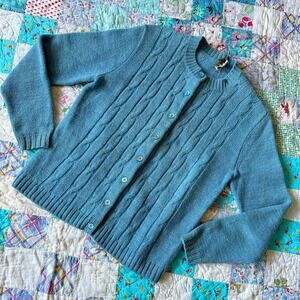 Vintage 50s/60s Powder Blue Heathered Wool Lightweight Cable Knit Cardigan S